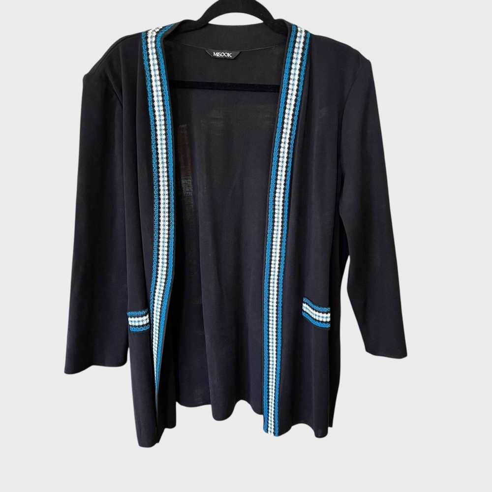 Misook Vintage Black Cardigan with Blue and White Trim